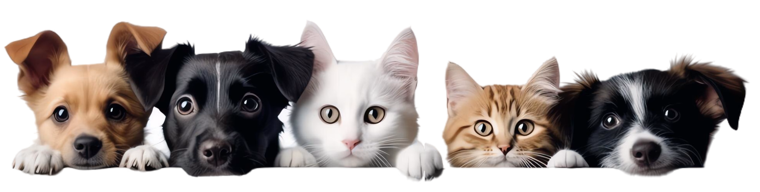 Chiens et chats côte à côte derrière un rebord blanc